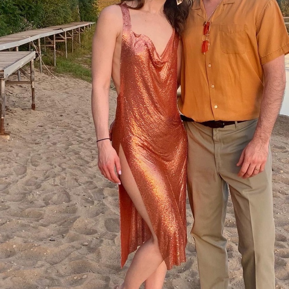 Chainmail Cowl Neck Split Side Midi Dress